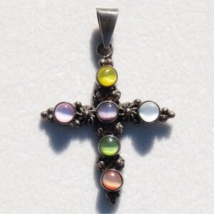 Sterling Silver Multi Color Cat’s Eye Cross Pendant 2.25” X 1.5” ATI Mexico 925